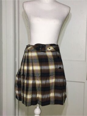 Plaid Brown & Blue Wrap Mini Skirt with Belt